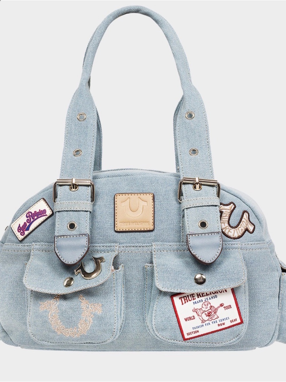 TRUE RELIGION Multi-Patch Denim Satchel Bag NWT - Picture 3 of 16